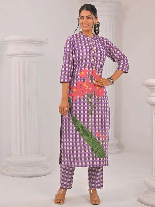 Light purple cotton silk kurti set for women