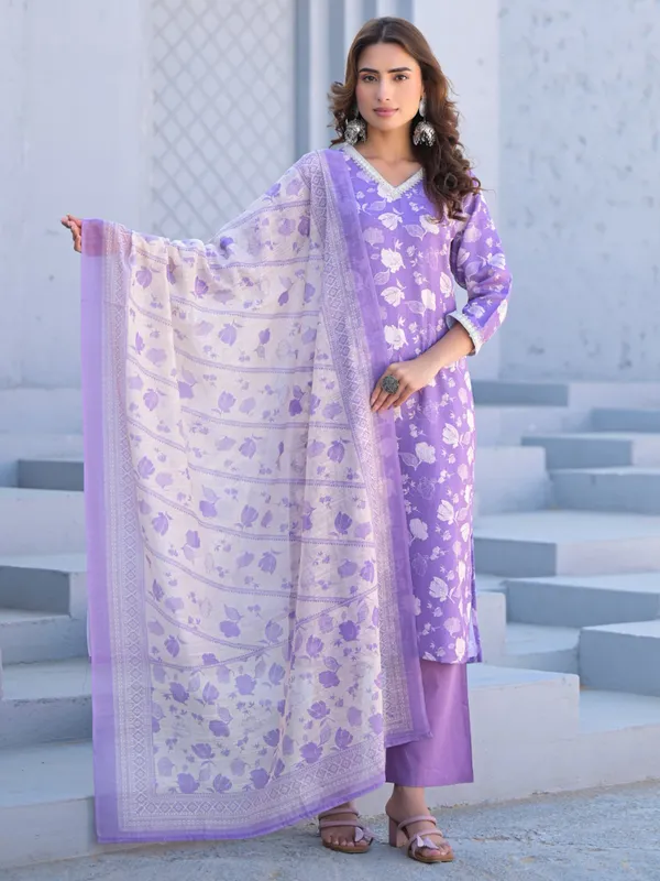 Light purple cotton silk kurti set in printed