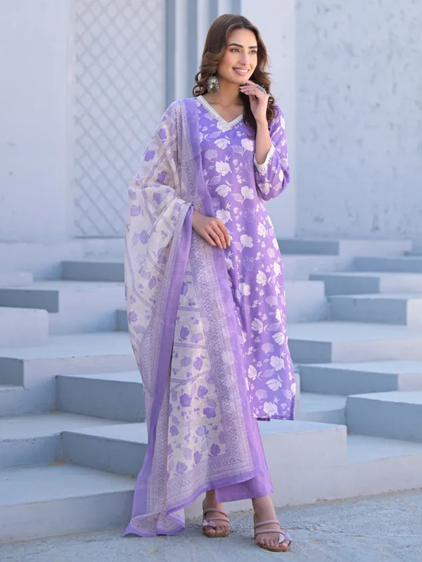 Light purple cotton silk kurti set in printed