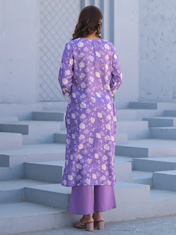 Light purple cotton silk kurti set in printed