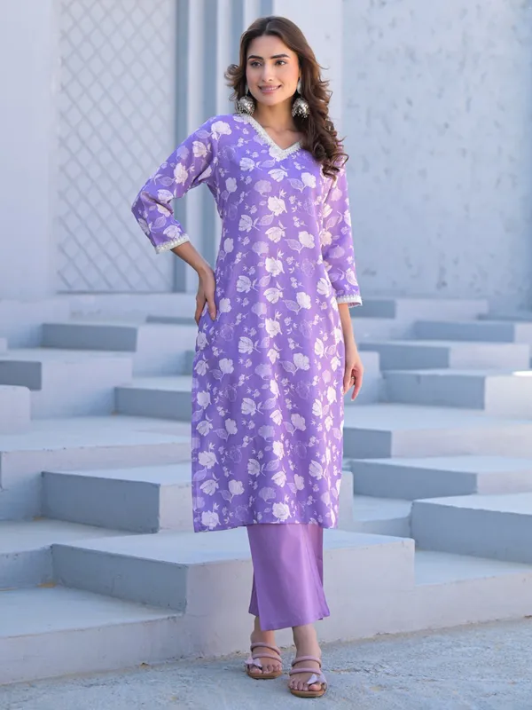 Light purple cotton silk kurti set in printed