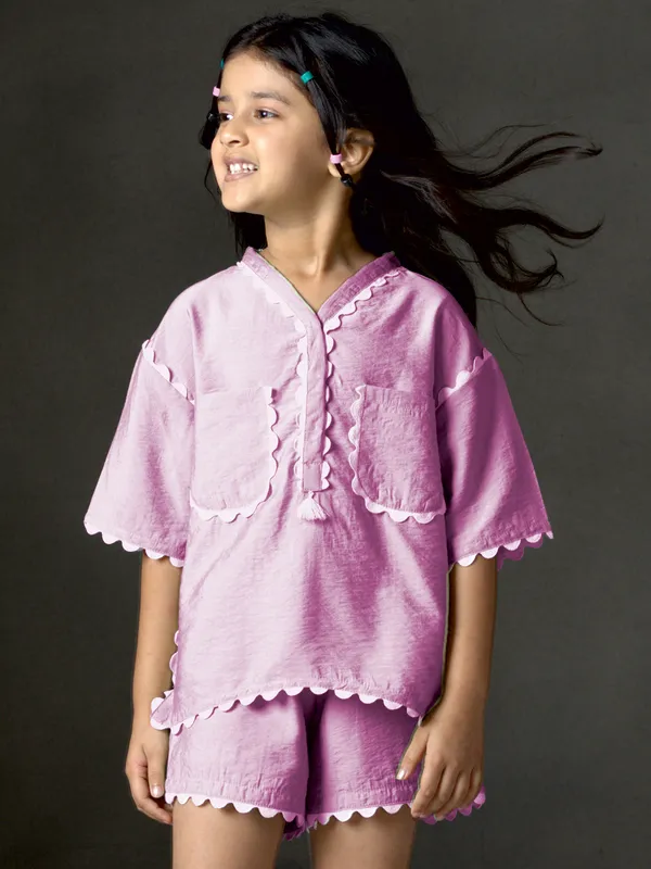 Light purple cotton silk V neck co-ord set for girls