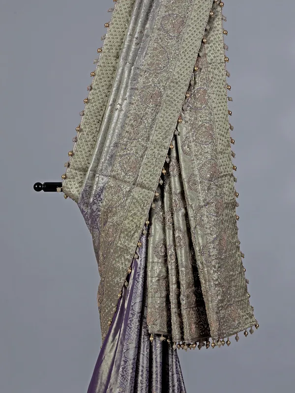 Light purple kanjivaram silk saree with pearl highlights