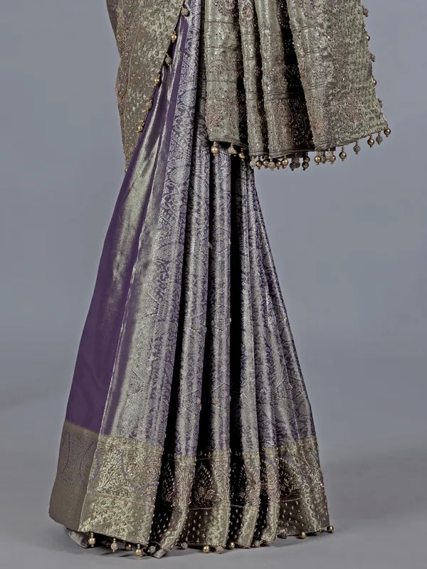 Light purple kanjivaram silk saree with pearl highlights