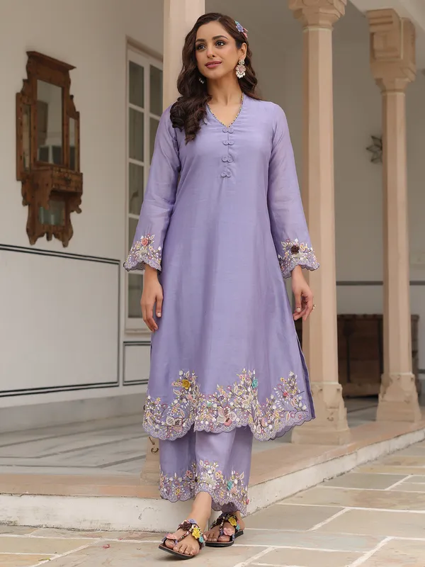 Light purple kurti set for women in chanderi silk for festive wear
