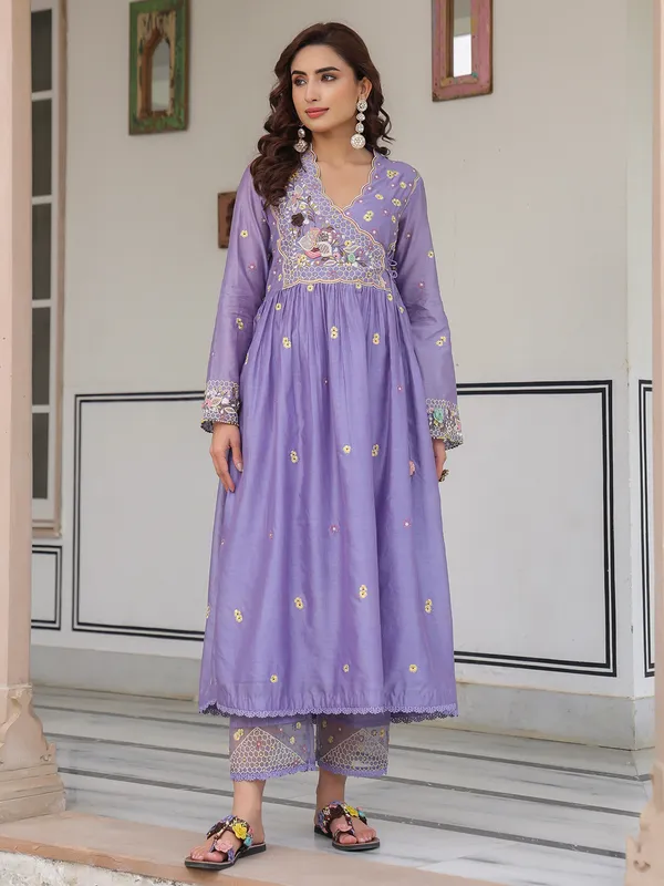 Light purple kurti set for women in chanderi silk for women