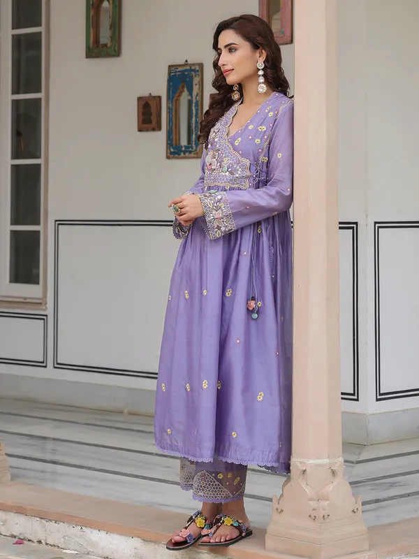 Light purple kurti set for women in chanderi silk for women