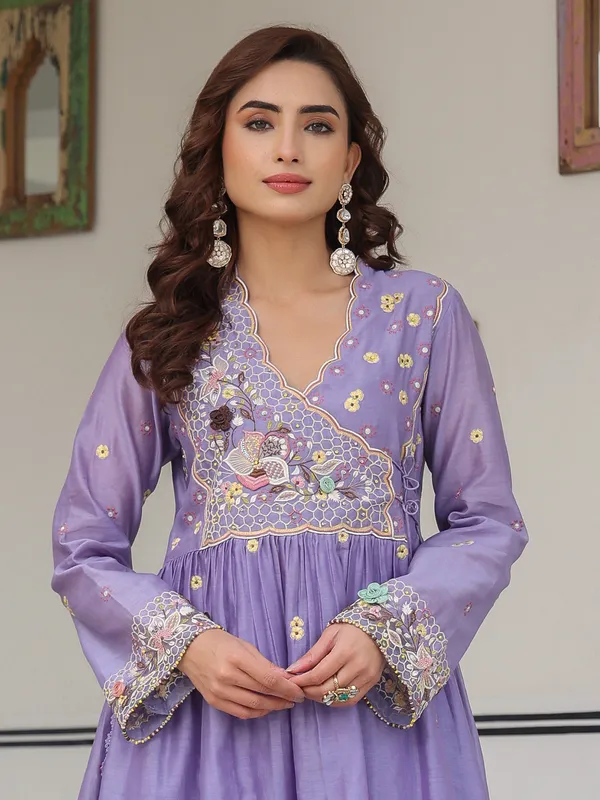 Light purple kurti set for women in chanderi silk for women