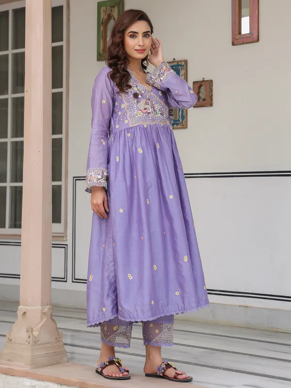 Light purple kurti set for women in chanderi silk for women