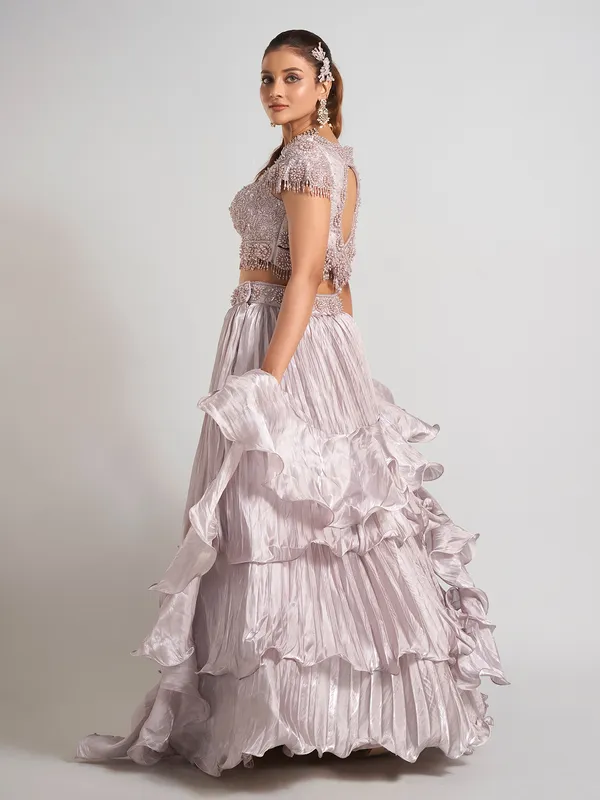 Light purple organza lehenga choli for wedding wear