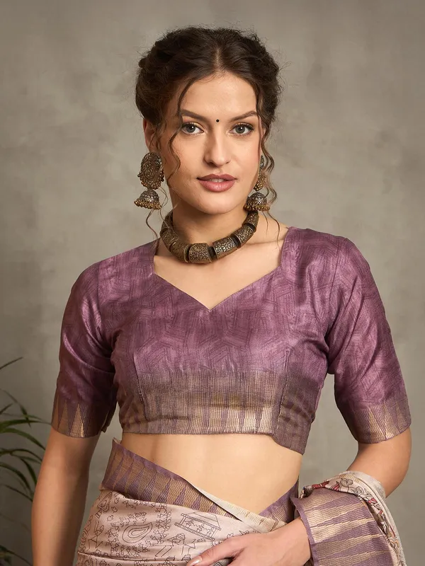Light purple printed bhagalpuri silk saree