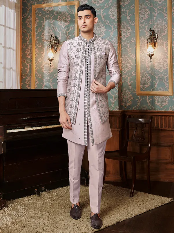 Light purple raw silk waistcoat set for men