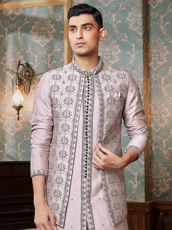 Light purple raw silk waistcoat set for men