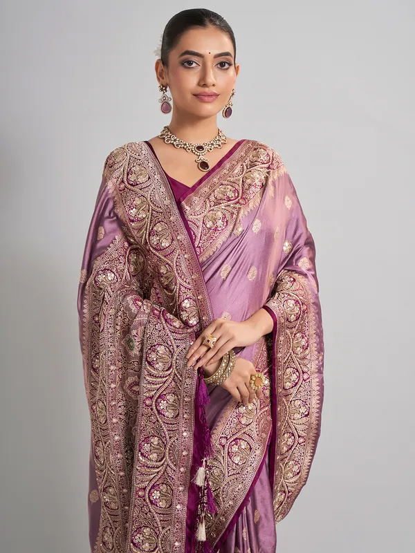 Light purple satin silk saree with aabla and zari work