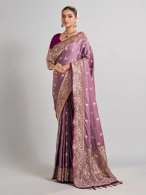 Light purple satin silk saree with aabla and zari work