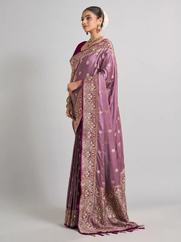 Light purple satin silk saree with aabla and zari work