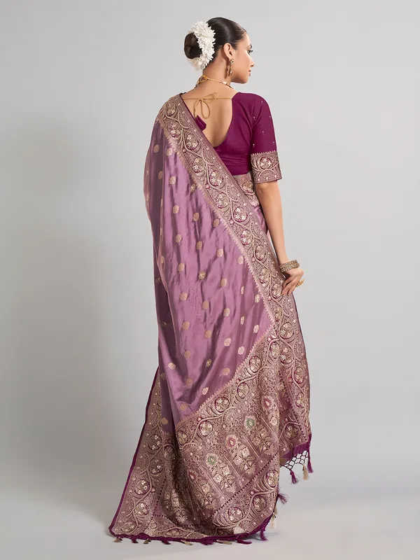 Light purple satin silk saree with aabla and zari work