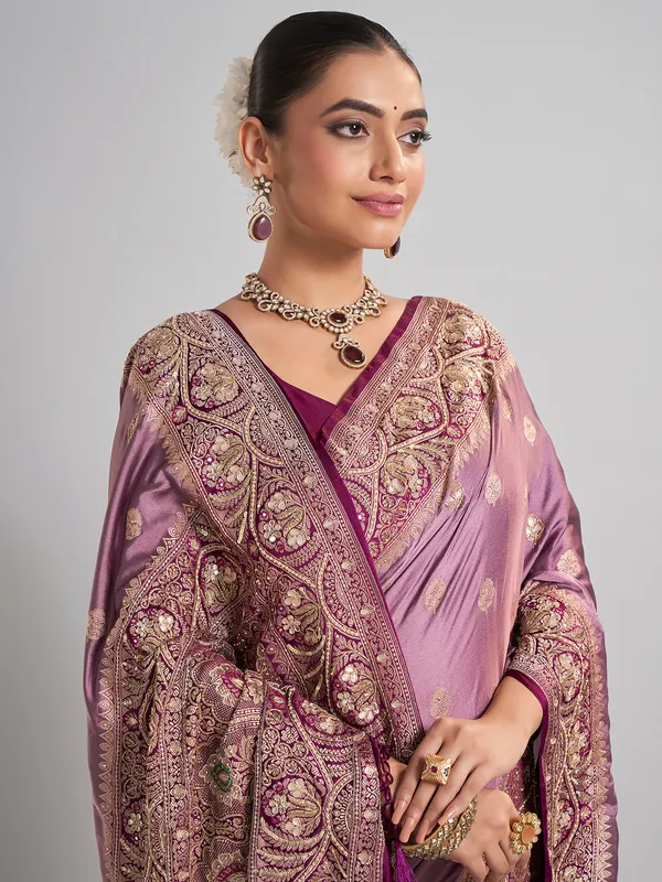 Light purple satin silk saree with aabla and zari work