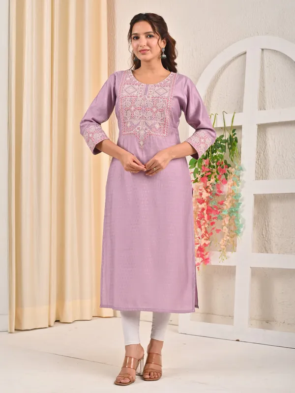 Light purple silk embroidered kurti with thread work