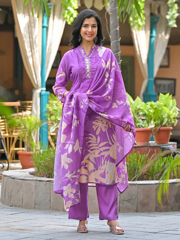 Light purple silk festive printed kurti set