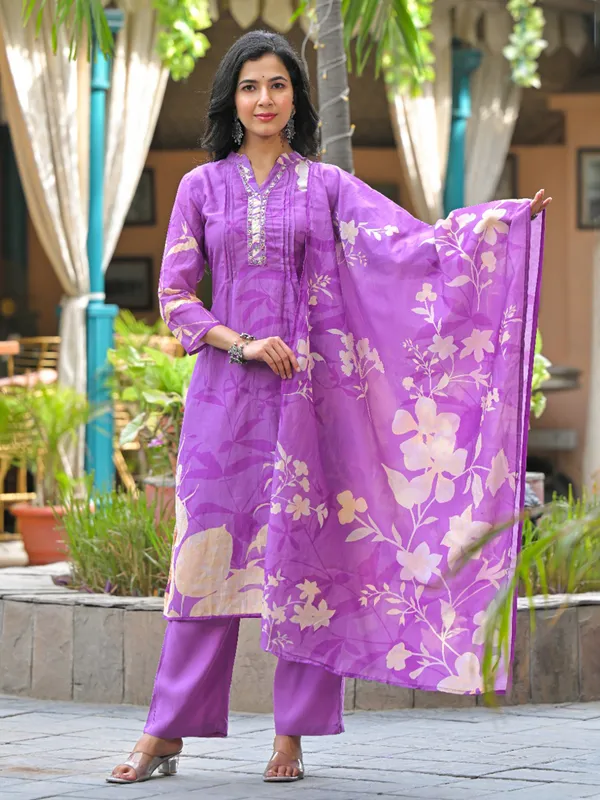 Light purple silk festive printed kurti set