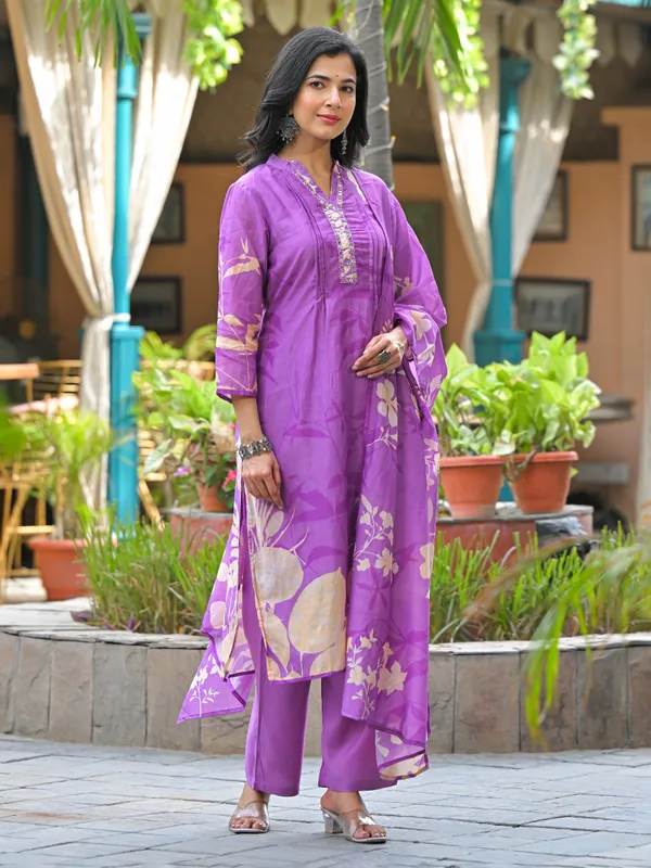 Light purple silk festive printed kurti set