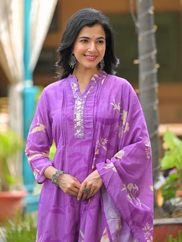 Light purple silk festive printed kurti set