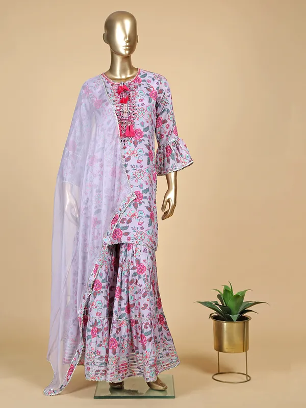 Light purple silk printed sharara suit