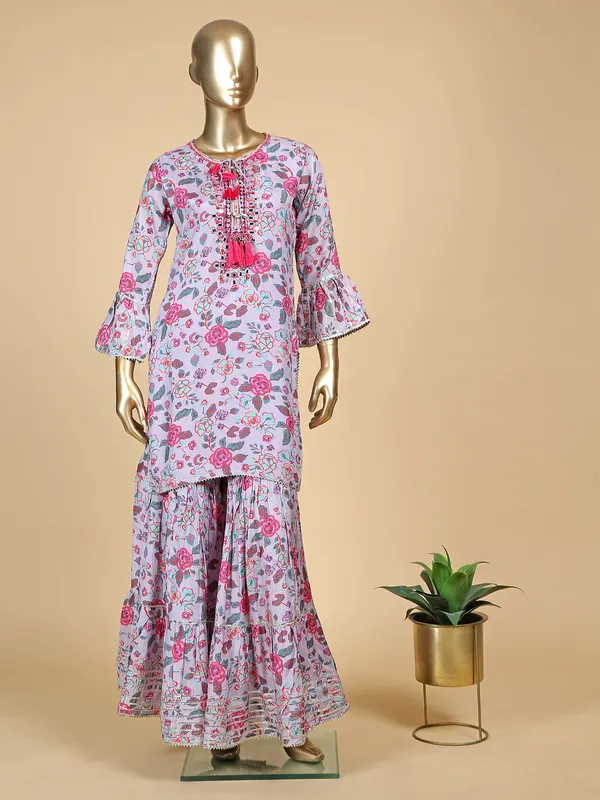 Light purple silk printed sharara suit
