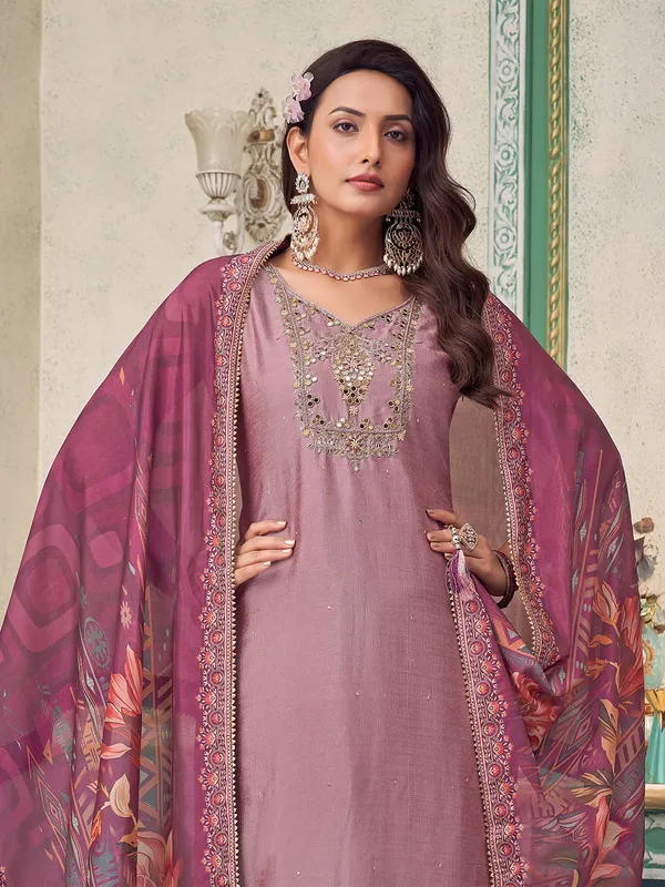 Light purple silk salwar suit with printed dupatta