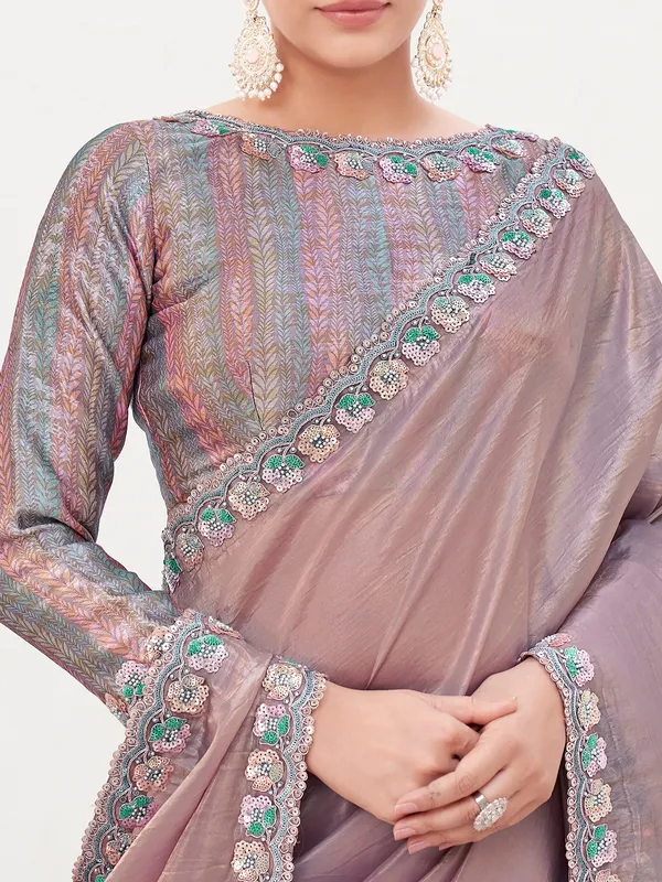 Light purple silk saree with zardosi bead embellishment