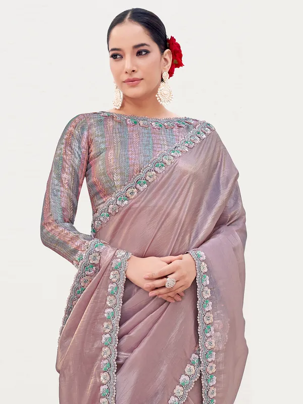 Light purple silk saree with zardosi bead embellishment