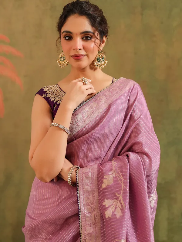 Light purple silk wedding wear saree with bold blouse