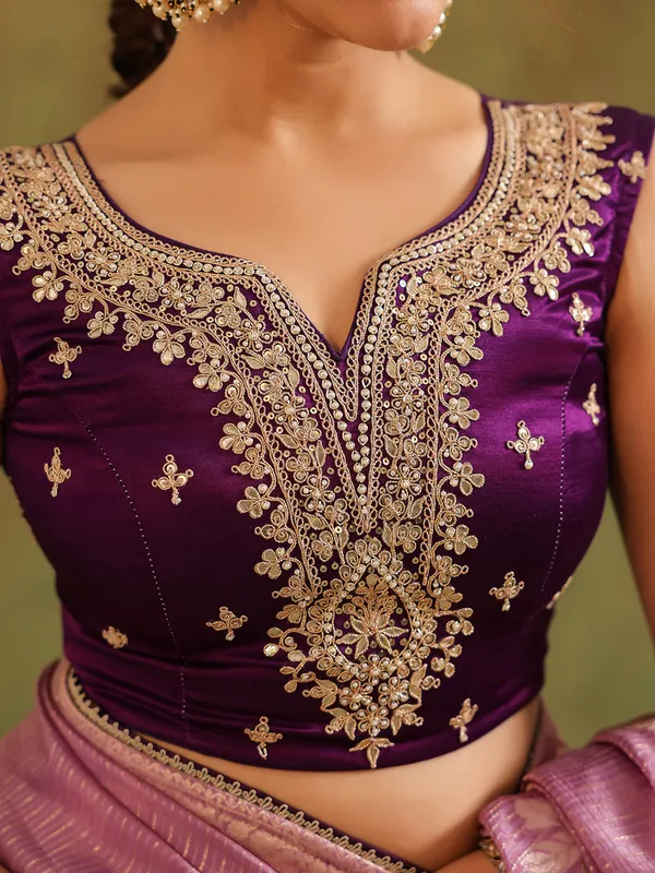 Light purple silk wedding wear saree with bold blouse