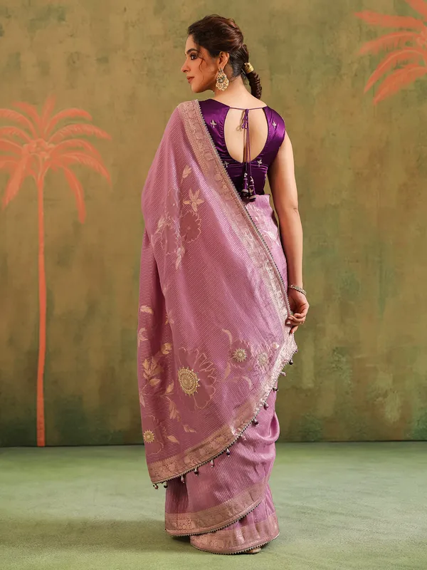 Light purple silk wedding wear saree with bold blouse