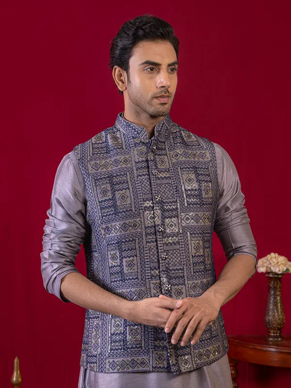 Light purple silk wedding wear waistcoat set