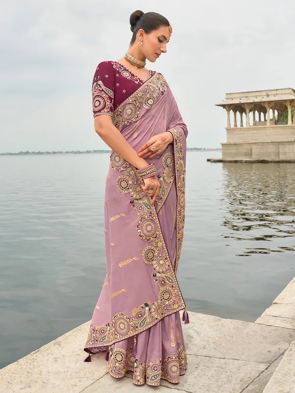 Light purple tissue silk saree with embellishments