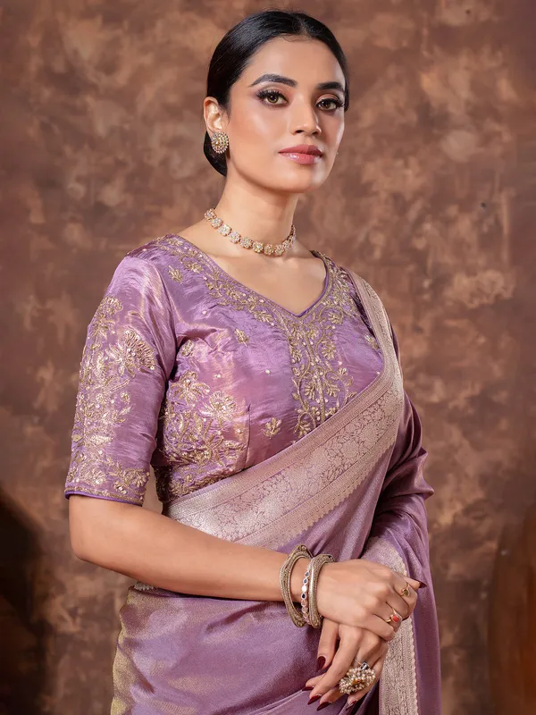 Light purple zari weaving saree tissue silk