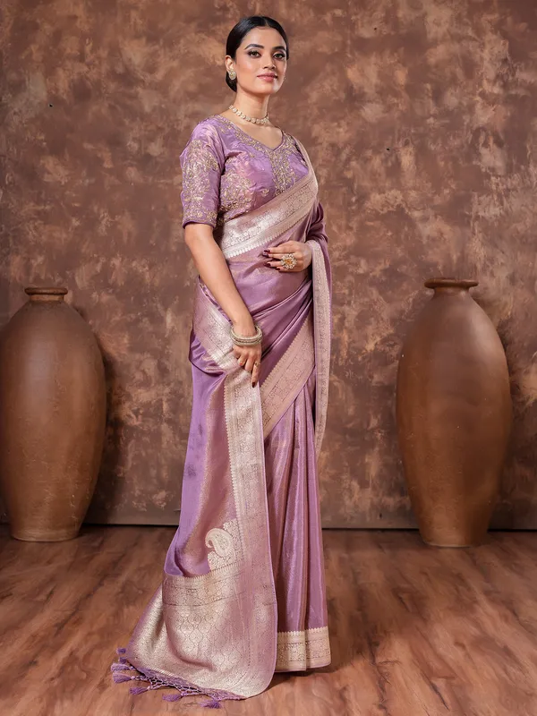 Light purple zari weaving saree tissue silk