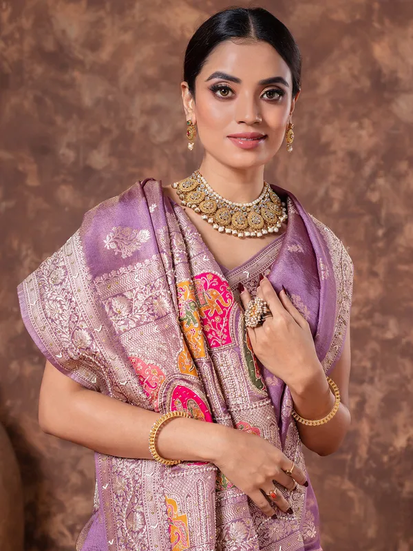 Light purple zari weaving tissue silk saree