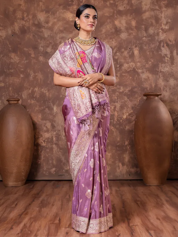 Light purple zari weaving tissue silk saree
