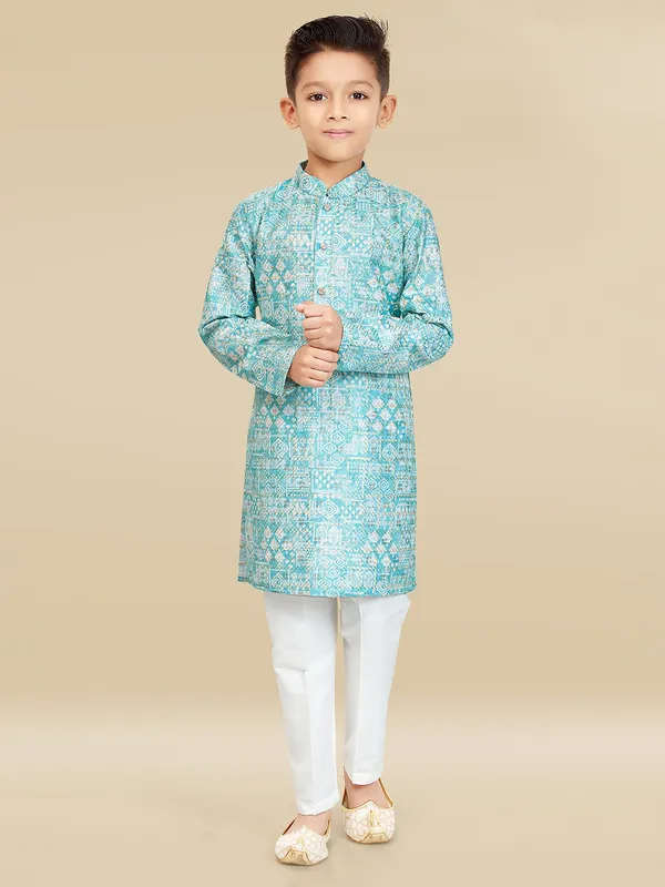 Light teal blue printed festive style kurta suit