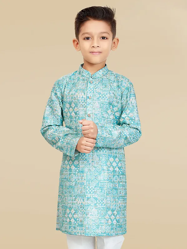 Light teal blue printed festive style kurta suit