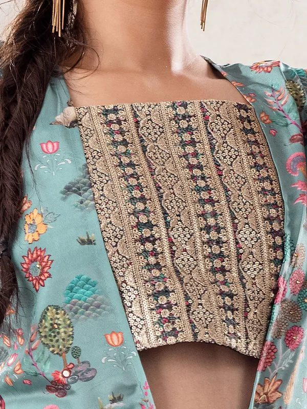 Light teal green jacket style salwar suit with palazzo