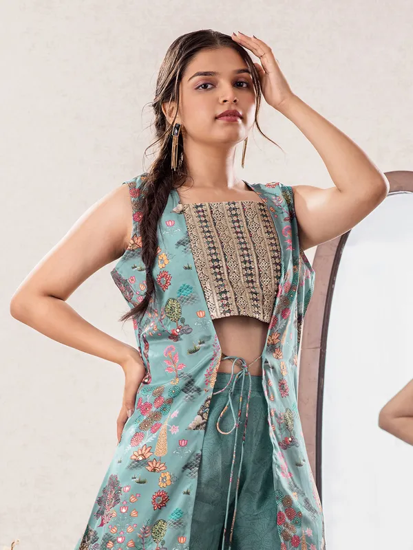 Light teal green jacket style salwar suit with palazzo