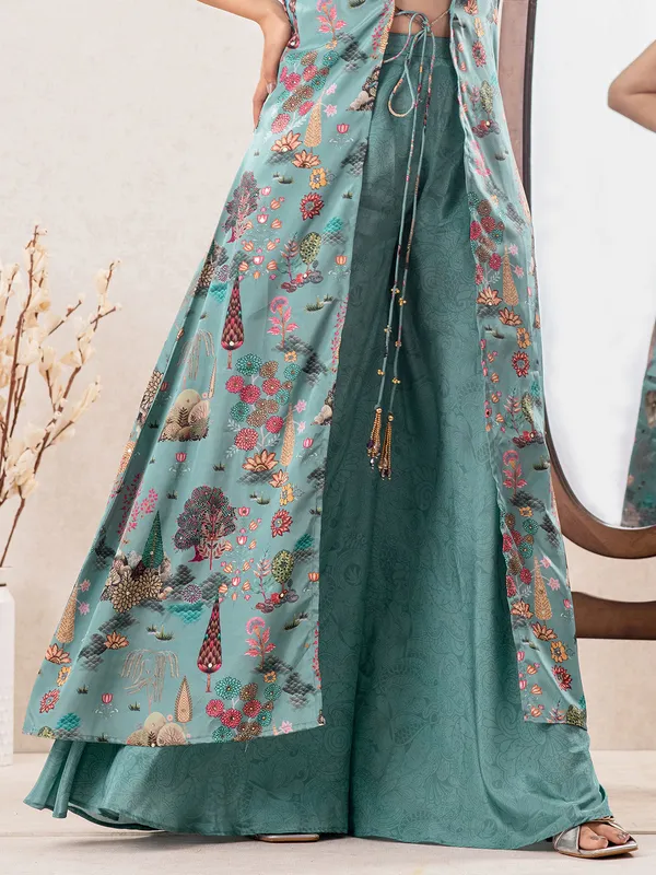 Light teal green jacket style salwar suit with palazzo