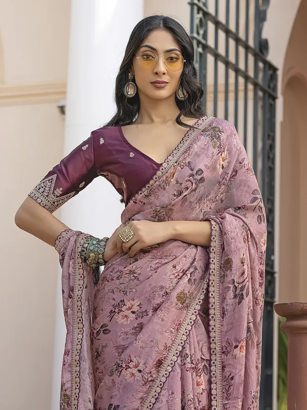 Light wine ciscose dola silk saree for festive wear
