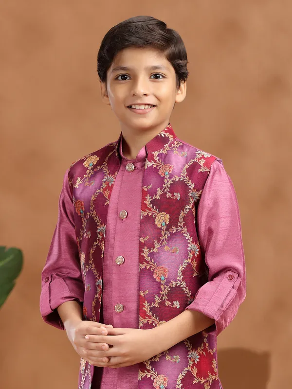 Light wine raw silk zari weaving waistcoat set
