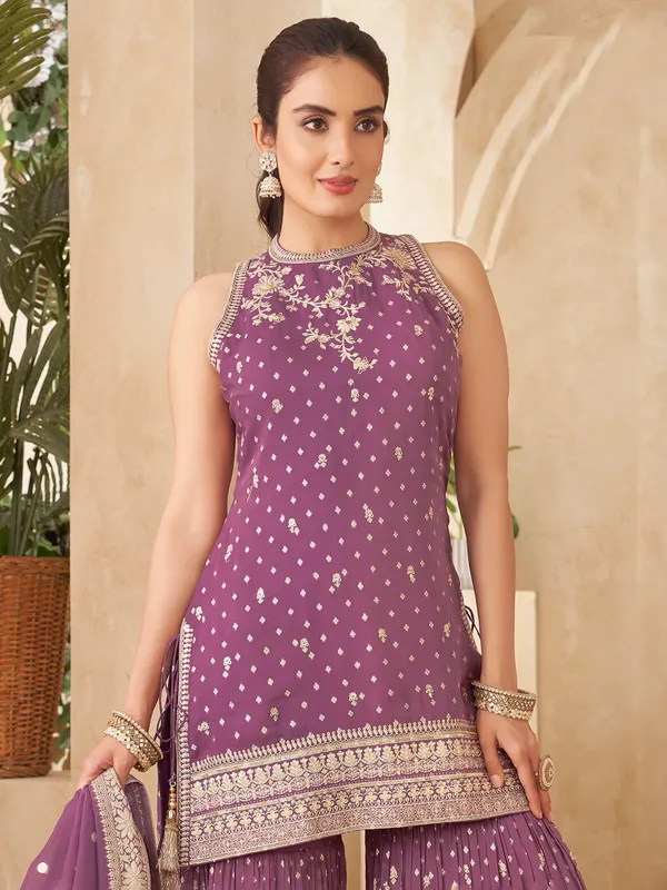 Light wine zari worked sharara suit