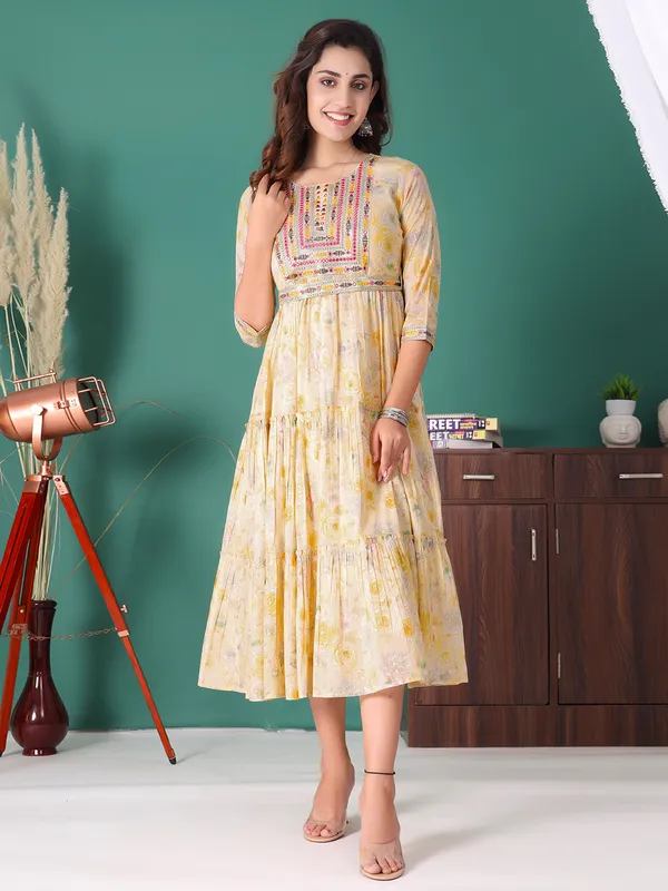 Light yellow cotton floral printed kurti